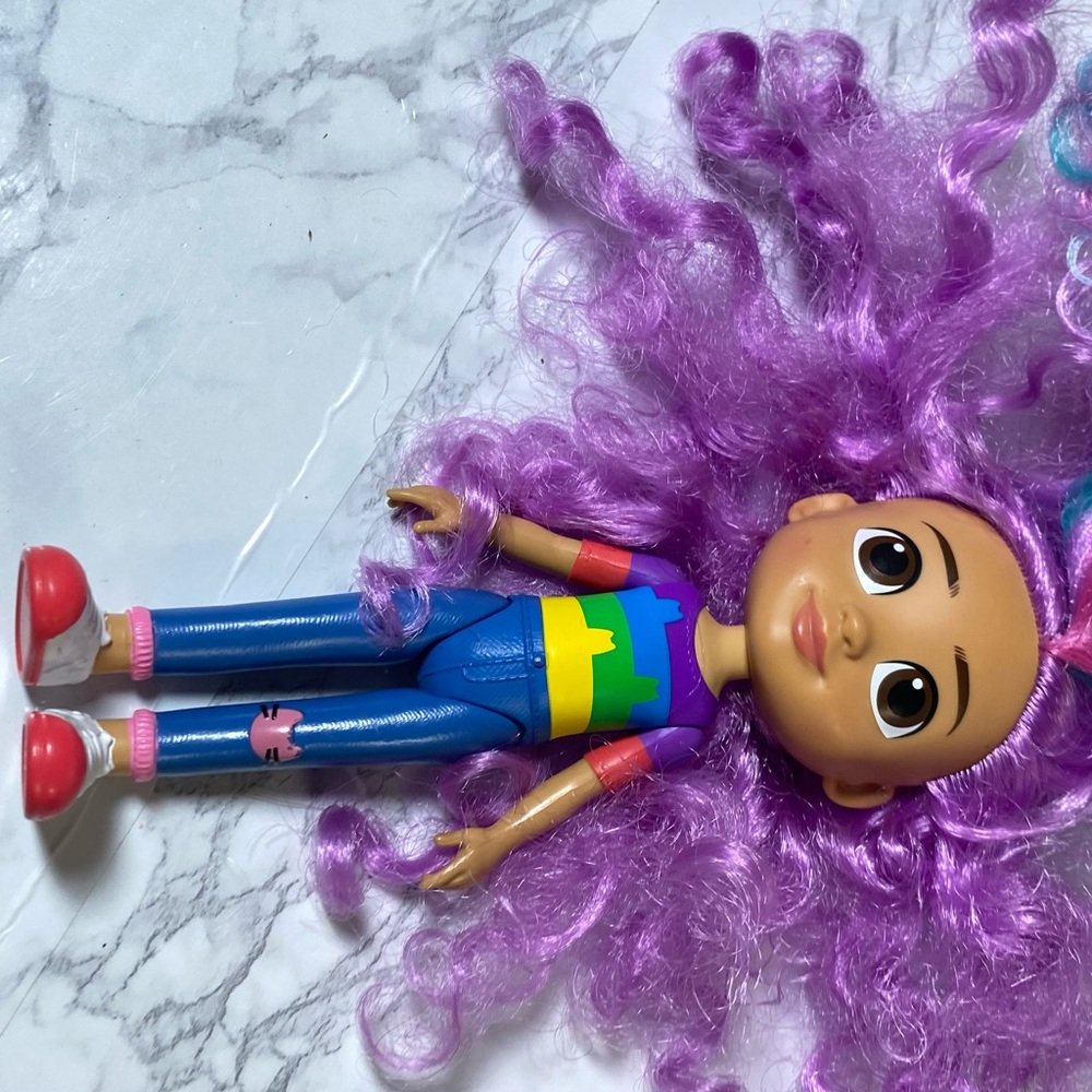 Purple and Blue Doll with Fluffy Hair and Rainbow Outfit